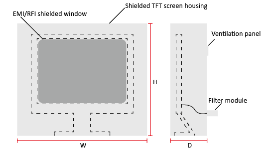 Shielded TFT screen housing technical drawing