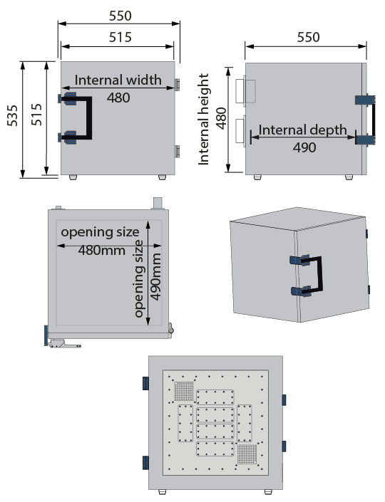 desktop measurement box with ventilation technical drawing