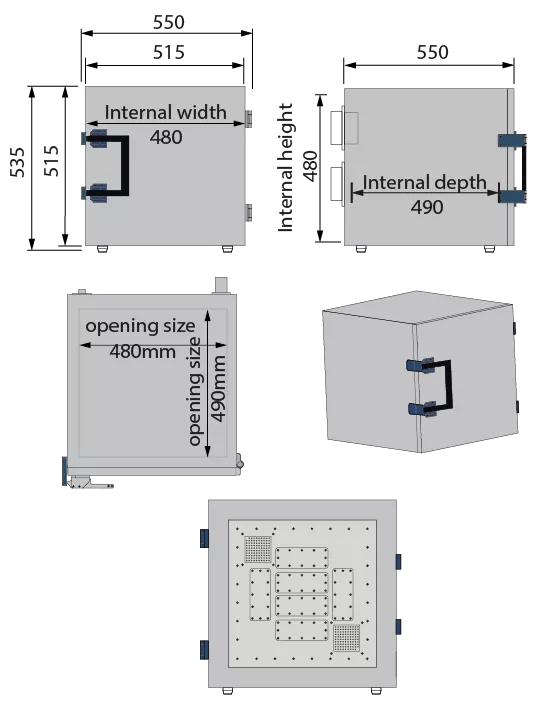 desktop measurement box with ventilation technical drawing