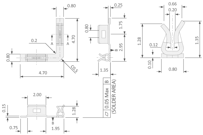Technische tekening van de TCC-clip voor de montage van de PCB-afscherming