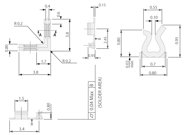 Technische tekening van de UTCC-clip voor de montage van de PCB-afscherming.