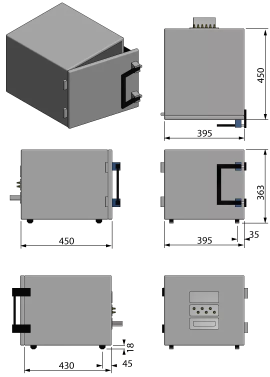 Compact desktop measurement box technical drawing
