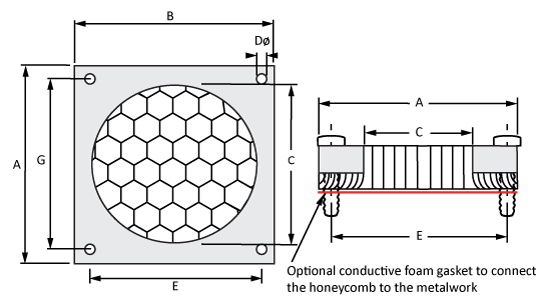 Dibujo técnico del escudo del ventilador en forma de panal