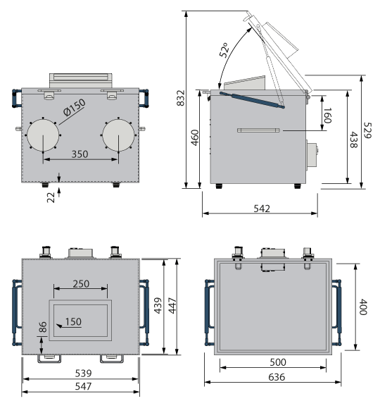 Investigation box with gloves window Technical drawing dimensions