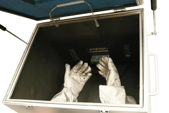 Investigation box with gloves window inside view with LED light and gas spring