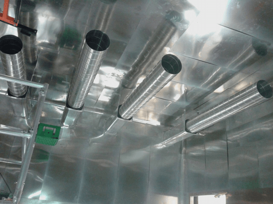 Magnetically shielded Faraday cage with ventilation cylinders, during construction